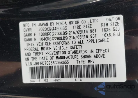 2006 Honda Cr-V Se z USA, uszkodzony, nr VIN JHLRD78956C058655